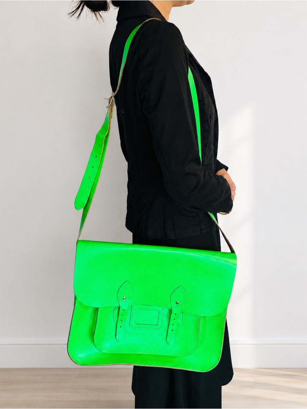 The Leather Satchel Co Neon Green  15” Messenger Crossbody Shoulder Bag Unisex